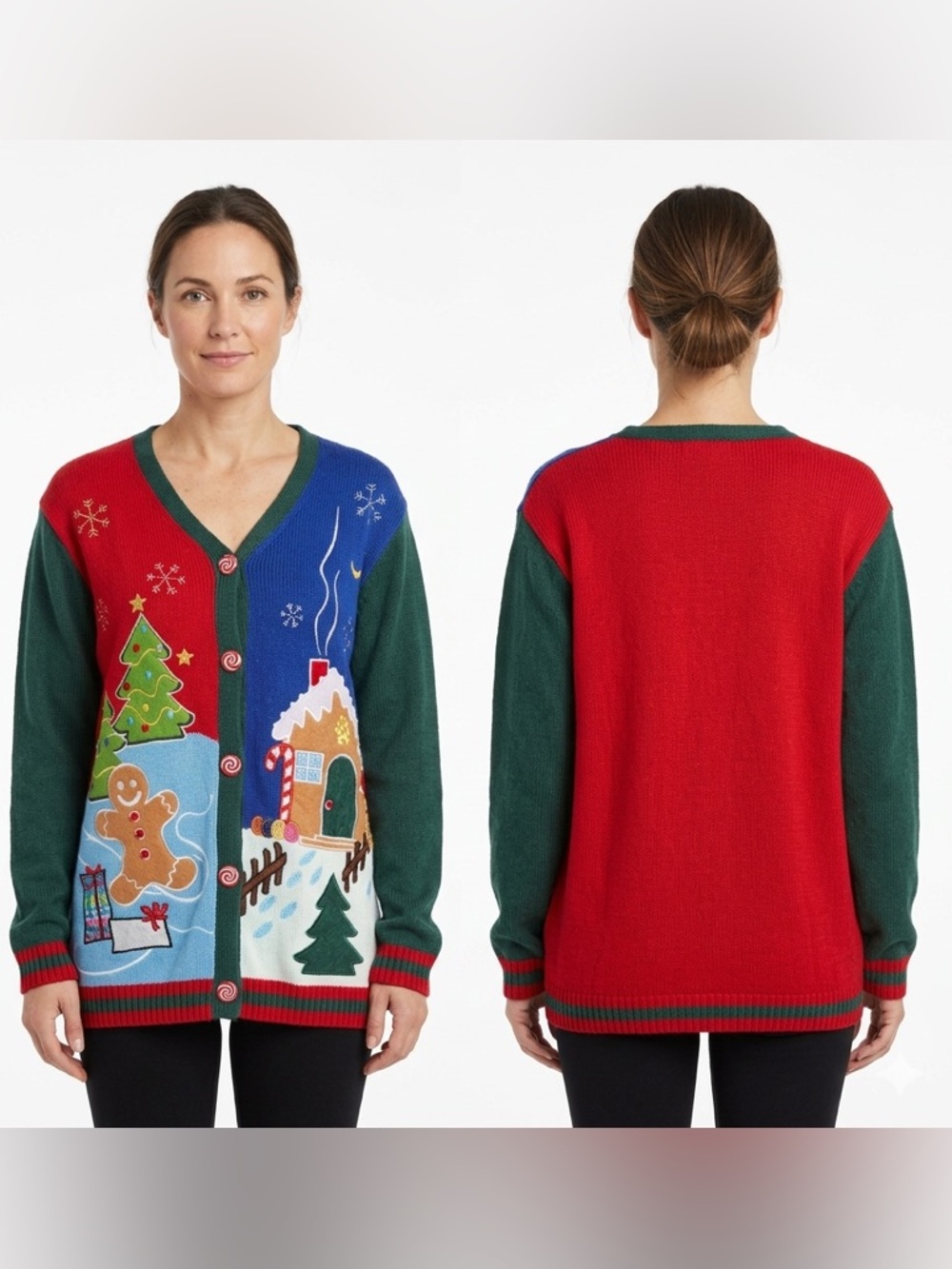 Holiday Gingerbread Cottage Colorblock Cardigan Sweater - Green/Red/Blue